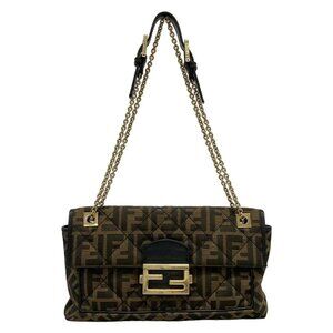 Auth FENDI Mamma bucket / Zucchino pattern 8BT139 Black Dark Brown Beige Leather